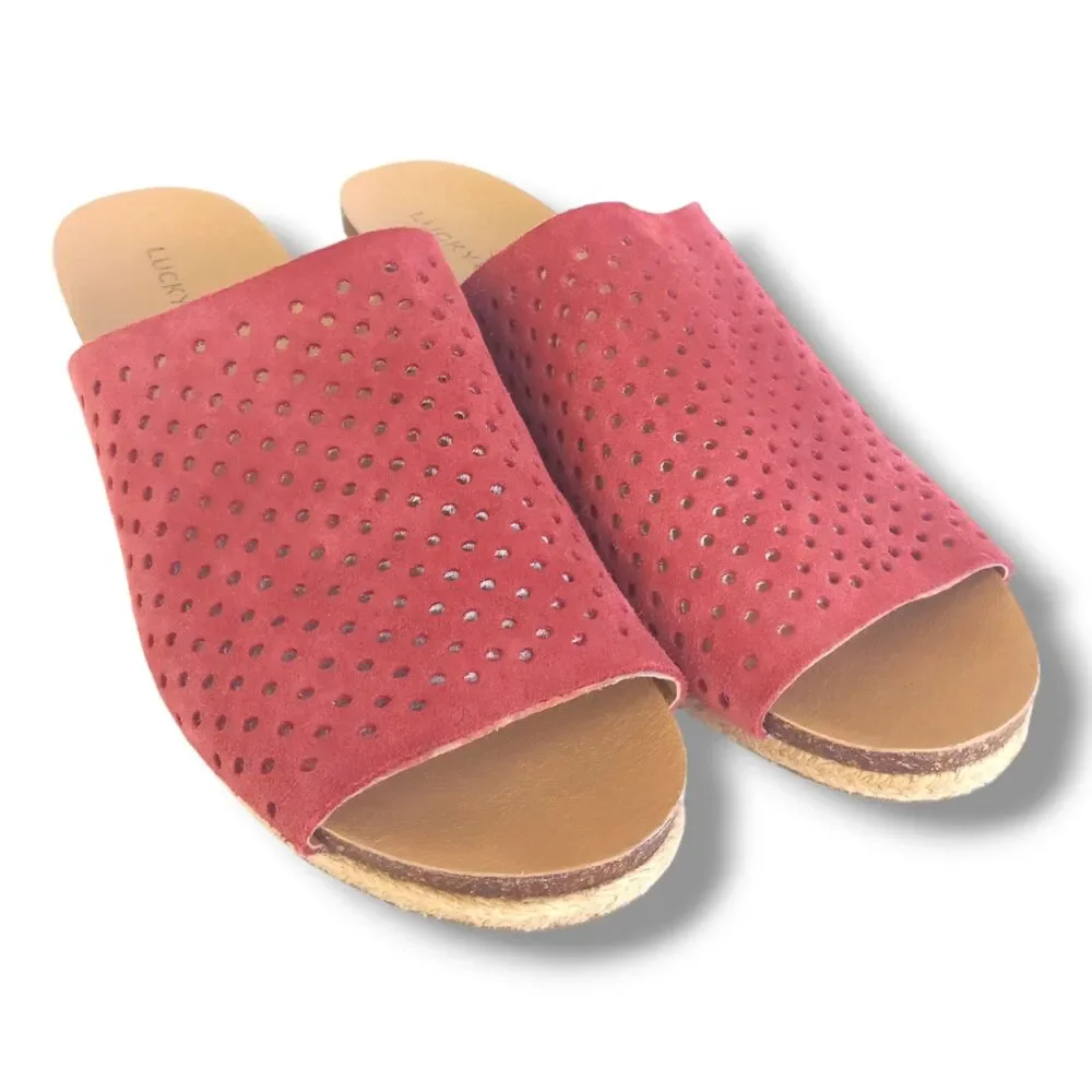 Lucky Brand Jemya Perforated Leather Wedges-Size 9.5M-Dusty Pink-Braided Jute